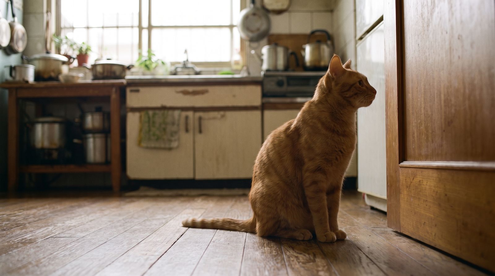 Orange tabby cat sitting upright on old wooden floorboards, looking toward a kitchen door