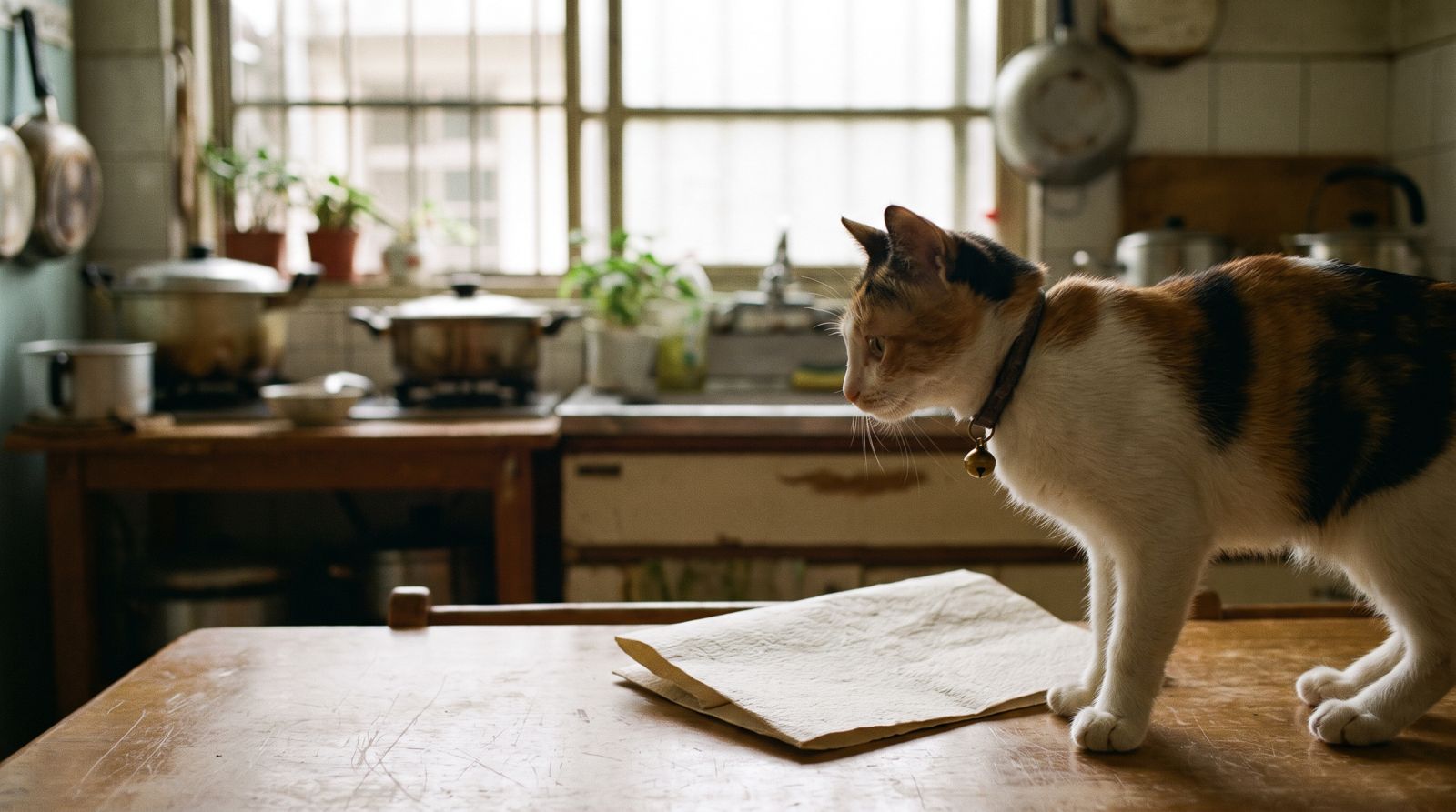 Calico cat with a small brass bell standing on a worn wooden kitchen table in soft morning light