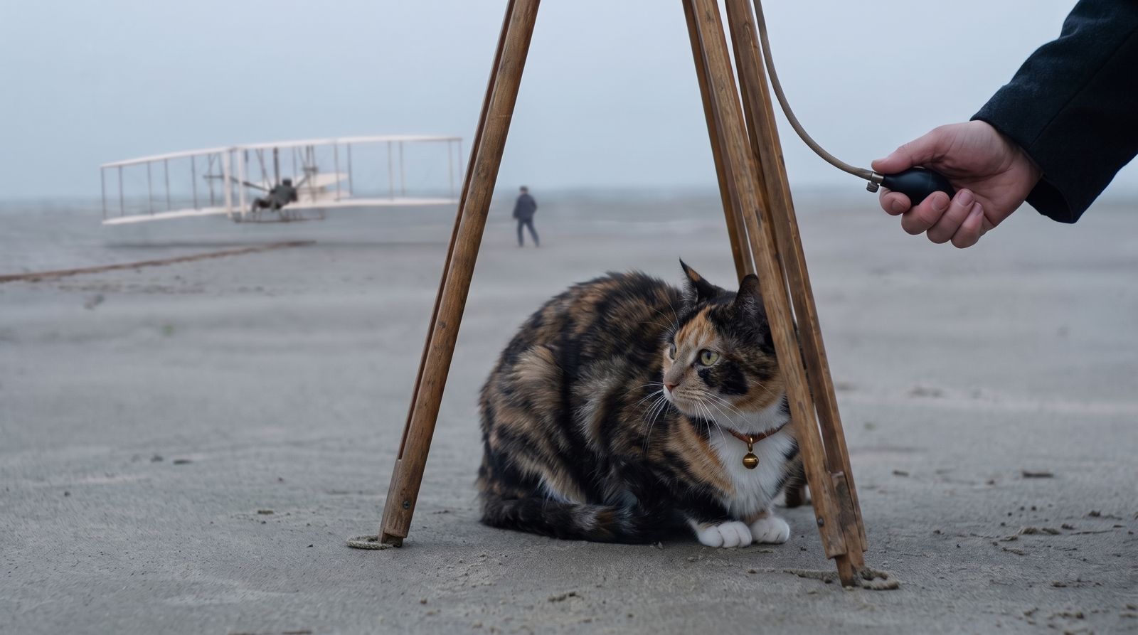Calico cat crouched under a wooden camera tripod on a sandy beach, an early biplane in the distance