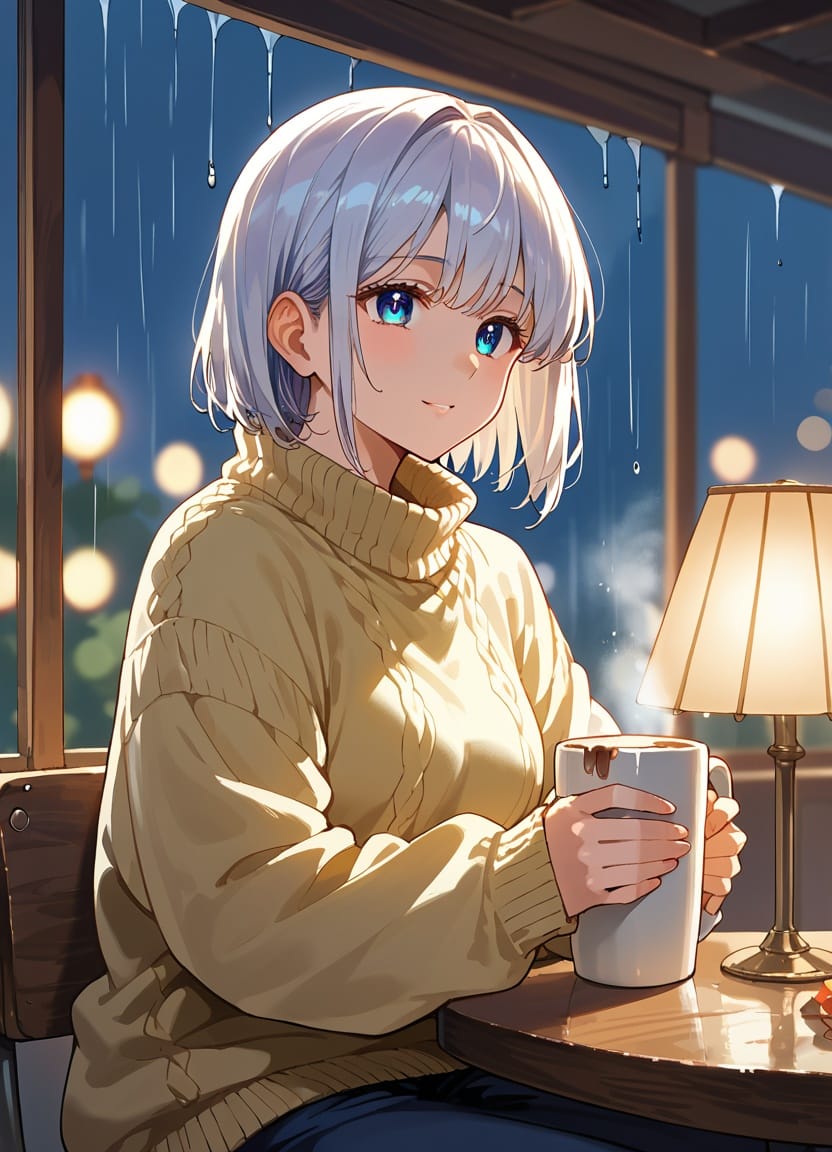 Anime girl with short silver hair in a yellow knit sweater holding a mug by a rainy café window