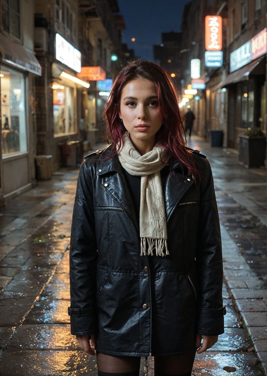 Woman with dark red hair in a black leather coat and cream scarf standing in a wet Taipei alley at dusk