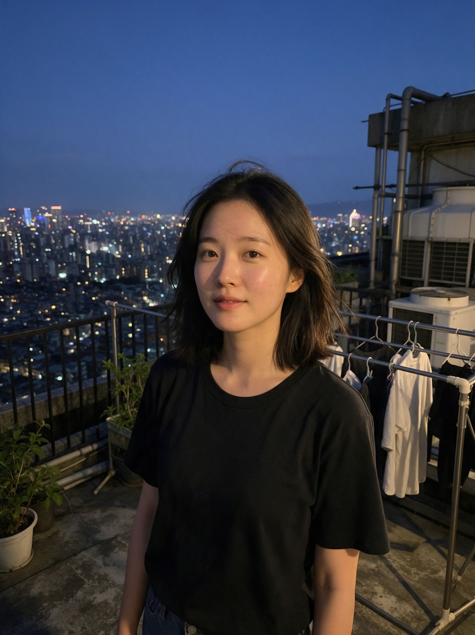 Young Korean woman on a Taipei rooftop at dusk, city lights blurred behind her, candid phone photo